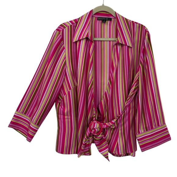 Lafayette 148 Silk Wrap Blouse size 16 Pink Mint Colorful Striped - Picture 1 of 11